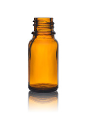 empty bottle for drugs from brown glass with reflection on a white background