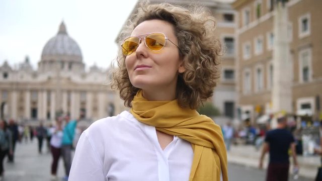 Tourist Woman Walking On Italian Street Sightseeing In Rome
