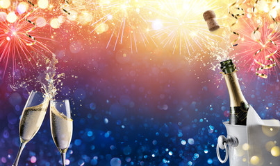 Celebration Toast With Champagne And Fireworks
