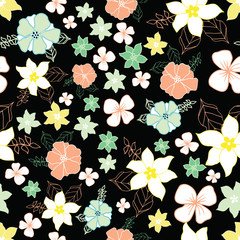 Vector seamless repeat floral pattern on black background. Perfect for fabric, wallpaper, stationery and scrapbooking projects and other crafts and digital work