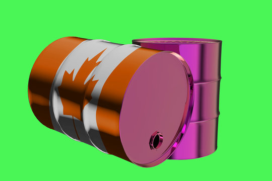Two Metal Industrial Oil Barrels with Canada flag 3D rendering
