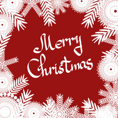 a frozen red background with hoarfrost with an inscription Merry Christmas