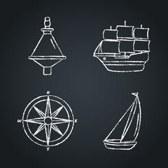 Fototapeta na wymiar Collection of nautical icon sketches on chalkboard