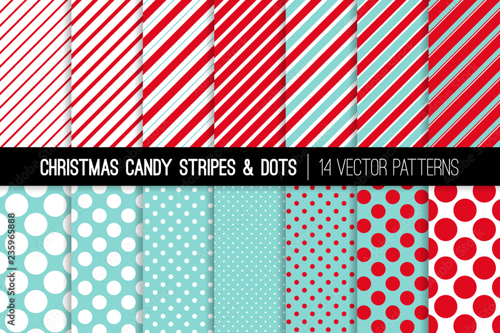 Wall mural christmas aqua blue, red and white candy cane stripes and polka dots vector patterns. festive winter