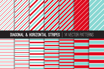 Christmas Aqua Blue, Red and White Candy Cane Stripes Vector Patterns. Diagonal and Horizontal Striped Prints. Xmas Backgrounds. Repeating Pattern Tile Swatches Included.