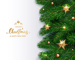 Holiday's Background with Season Wishes and Border of Realistic Looking Christmas Tree Branches With Gold Stars And Bubbles On White Background. Vector illustration