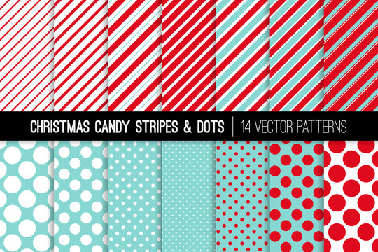 
Christmas Aqua Blue, Red and White Candy Cane Stripes and Polka Dots Vector Patterns. Festive Winter Holiday Backgrounds. Repeating Pattern Tile Swatches Included.
