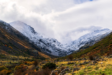 Fototapeta na wymiar nubes y nieblas envolviendo los picos nevados contrastando con el valle que conserva los colores otoñales