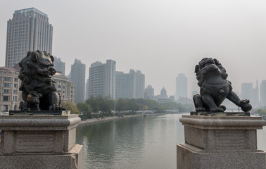 Detail of Lion carving on bridge over RIver Haihe in Tianjin