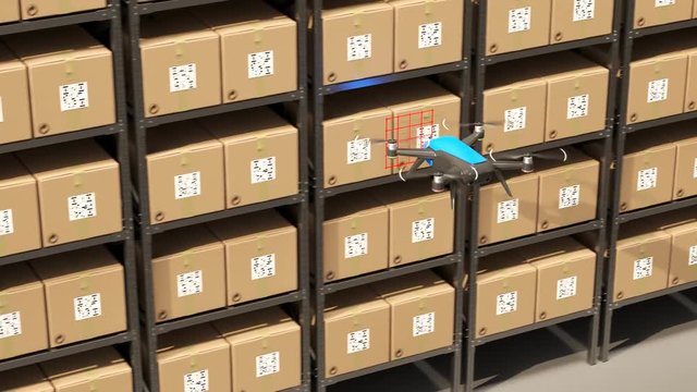 Warehouse drone scanning QR codes on the cardboard boxes in a metal shelf.