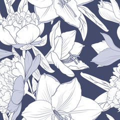 Floral seamless pattern. Lily peony flowers realistic detailed outline sketch drawing. Deep blue violet background. Botanical vector design illustration for fashion, textile, fabric, decoration.