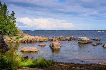 Fototapeta na wymiar Picturesque coast of the Gulf of Finland with boulders, Kotka, Finland