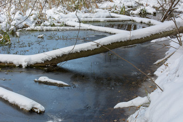The lake is covered with snow and ice