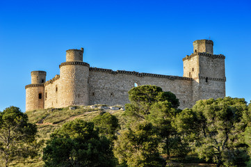 Fototapeta na wymiar Castillo de Barcience/ Vista del castillo de los Silva con árboles delante en Barcience, provincia de Toledo . Castilla-La Mancha. España