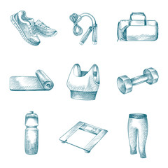 Hand Drawn Fitness and GYM equipment Sketches Set. Collection Of shoes, Jump rope, Dumbbell, water bottle, top, Yoga Mat, Scales, Sports bag sketches on white background.