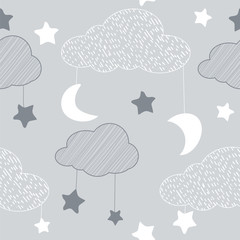 Seamless pattern with sky elements in line art style, grey night