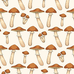 Seamless Pattern with Edible Mushroom