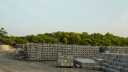 Stack of Cement Blocks or concrete bricks.Cement masonry units stock in production yard.
