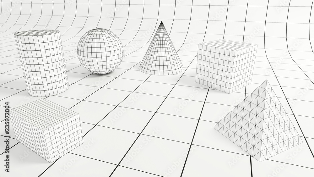 Poster 3d render - low polygonal geometric forms on quadratic backdrop