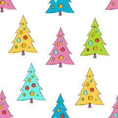 Christmas seamless pattern with stylized cartoon Christmas trees. For packaging, wrappers, holidays, fabrics and light industry. Vector image.