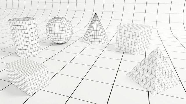 
    3d render - Low polygonal geometric forms on quadratic backdrop 