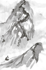 Black white mascara illustration of Chinese mountains and boat.