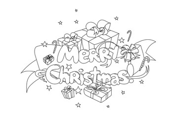 Merry Christmas. Hand drawned vector illustration. Black and white line art