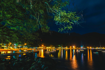 Obraz premium Night personal view of a beautiful beach landscape with lights and boats