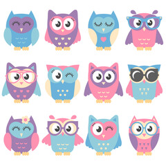 Icons of cute colorful owls isolated on white