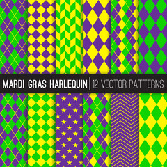 Mardi Gras Harlequin Vector Patterns. New Orleans Carnival Style Backgrounds. Violet, Lime Green and Yellow Argyle, Herringbone, Checkers, Chevron & Stars. Repeating Pattern Tile Swatches Included. - 235976428