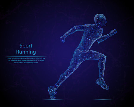 Abstract image of a running man in the form of a starry sky or space, consisting of points, lines, and shapes in the form of planets, stars and the universe. Low poly vector background.