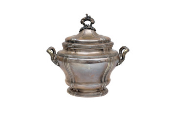 Antique sugar-bowl of silver on a white background. Isolated.