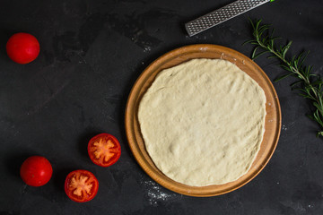 pizza - dough, preparation, flat cake (the process of cooking). Top view with copy space