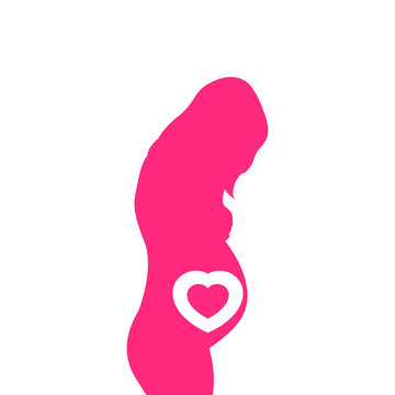 Icono plano silueta mujer embarazada con corazón en color rosa