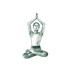 Hand drawn woman practicing yoga, Sukhasana exercise. Vector illustration of yoga pose in sketch style isolated on white background.