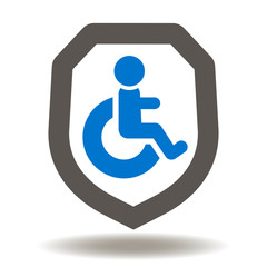 Shield disabled wheelchair vector icon. Invalid insurance symbol. Safety disablity health logo.