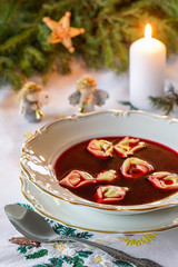 Polish Christmas red borstch with dumplings