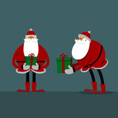 Santa Claus cartoon character giving gift, flat vector illustration
