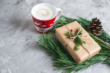 Cup with Cappuccino Christmas Gift Box Decoration Natural Decor New Year Party Concept Vintage Pine Cones  Fir Tree Branch