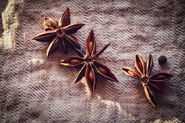 Photo of the fruits of cinnamon lying on a fabric canvas