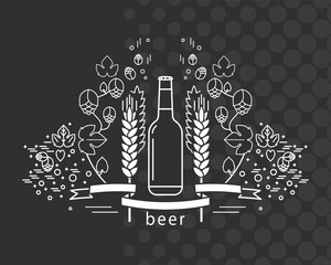 The pub icon. Brewery logo, craft beer label, alcohol store. Vector vintage icon, template with beer bottle, hop, wheat and ribbon in retro style. Isolated elements on dark background.