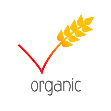 Logotipo abstracto con texto organic y s&iacute;mbolo validaci&oacute;n con espiga de cereal en color naranja