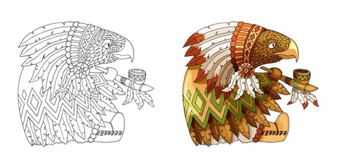 Cartoon character american eagle in traditional indian national costume coloring