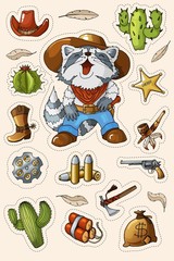 Western wild west art stickers set. Gun, bullets, cactuses and many other items