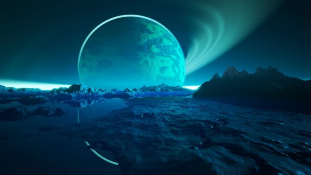Alien mystery planet reflection in big sea surrounded by mountain landscape.