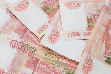 Five thousand rubles bill. Russian rubles. a bunch of 5000 Russian banknotes close up.