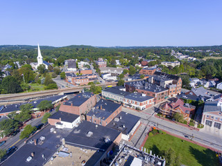 Aerial view of Winchester Center Historic District and First Congregational Church in downtown Winchester, Massachusetts, USA.