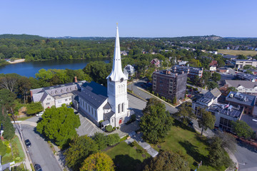 First Congregational Church at Winchester Center Historic District in downtown Winchester, Massachusetts, USA.