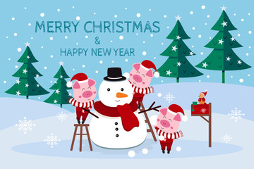 Merry christmas & happy new year card piglets making a snowman and bird on a mail box