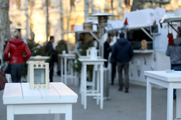 Festive decorations on a Christmas fair in park Zrinjevac, in Zagreb, Croatia. Selective focus.